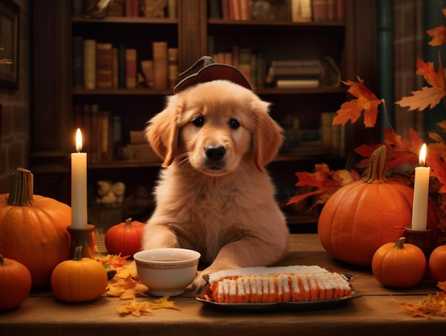 Photo dog with pumpkin halloween decorations