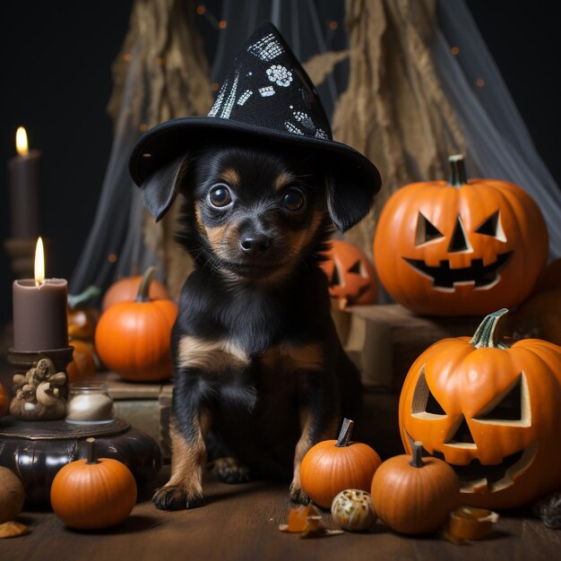 Photo dog with pumpkin halloween decorations