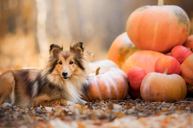 Cane con le zucche. vacanze di halloween. cane da pastore delle shetland con la zucca raccolto. giorno del ringraziamento. sh