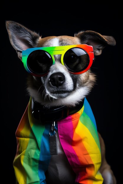 A dog with a rainbow eye and glasses lgbtq