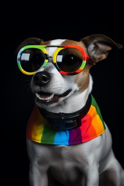 A dog with a rainbow eye and glasses lgbtq