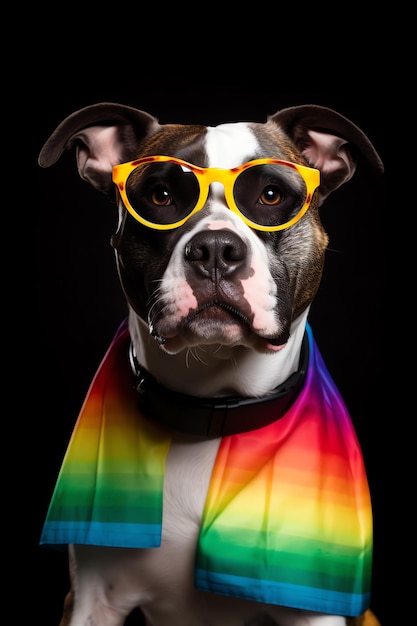 A dog with a rainbow eye and glasses lgbtq