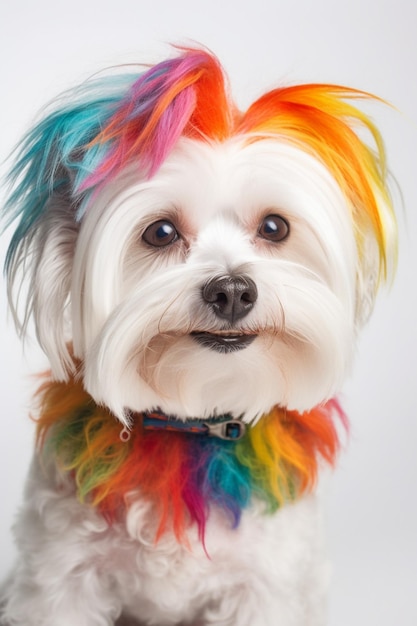 A dog with a rainbow hair style