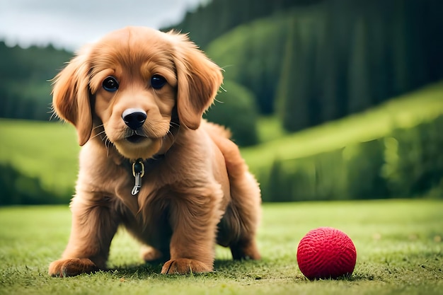 Foto un cane con una palla rossa sull'erba