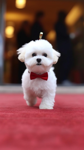 Foto un cane con un papillon rosso cammina su un tappeto rosso.