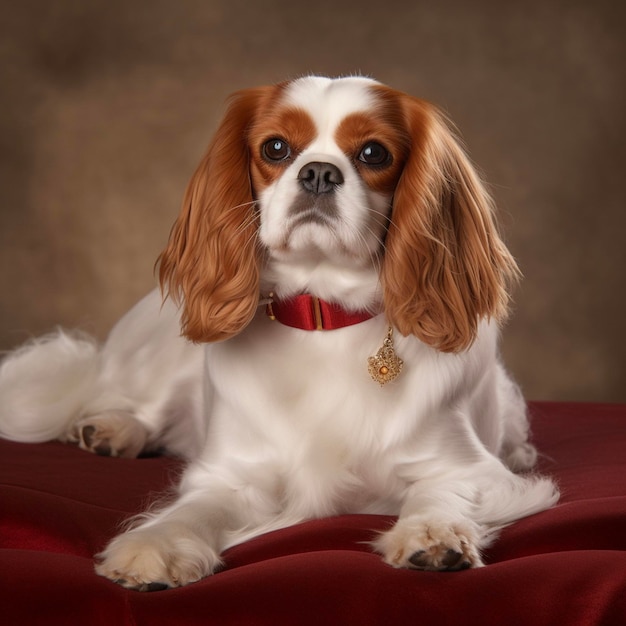 A dog with a red collar and a bell on its neck.