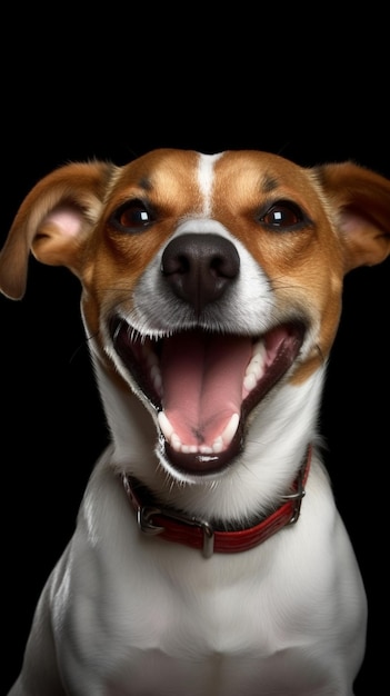 A dog with a red collar and a red collar that says'happy dog '