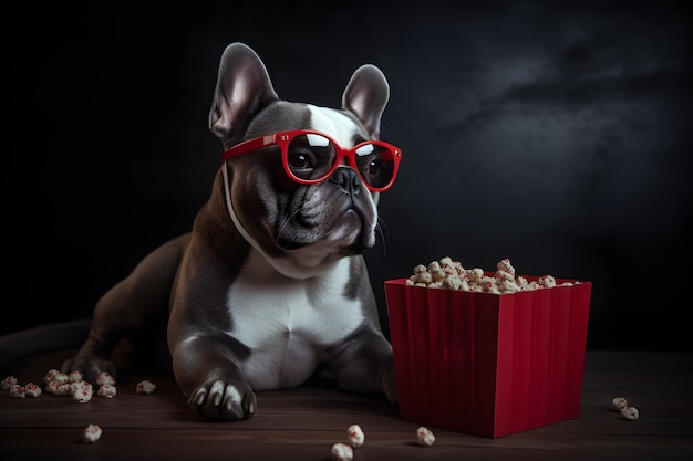 A dog with red glasses and a box of popcorn