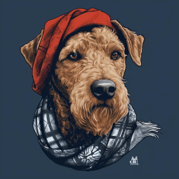 A dog with a red hat and scarf that says'irish terrier'on it