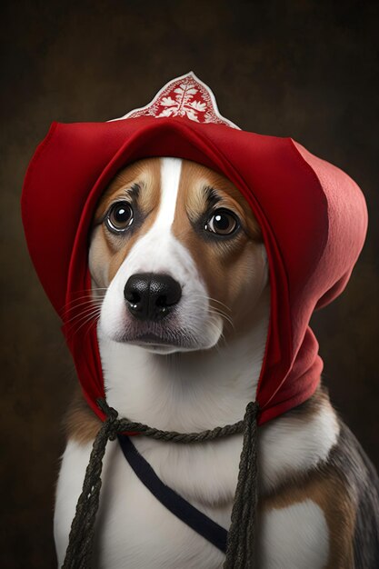 A dog with a red hat that says'star'on it