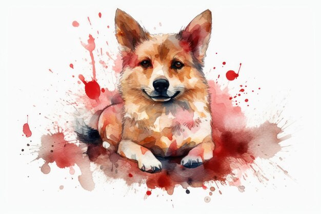 Photo dog with red heart watercolor style valentines day theme ai generative