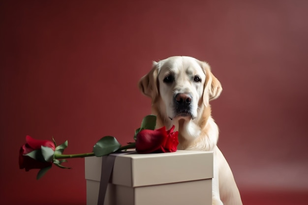 A dog with a red ribbon and a rose on it