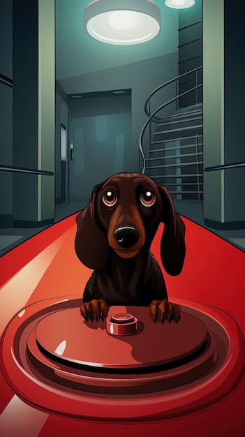 Foto un cane con una macchia rossa sulla testa sta guardando una scala con un cerchio rosso al centro