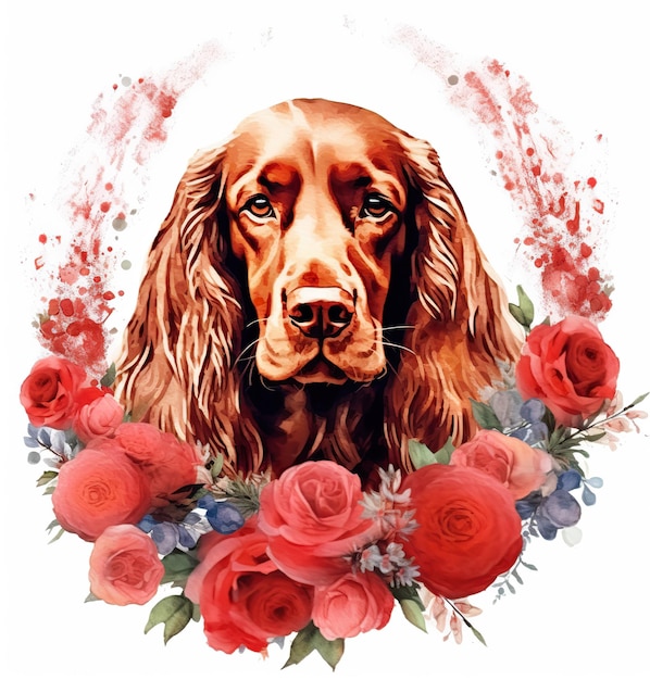 A dog with a red and white flower wreath in the middle.