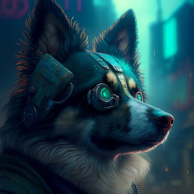 A dog with a robot face and a helmet with the word cyberpunk on it.