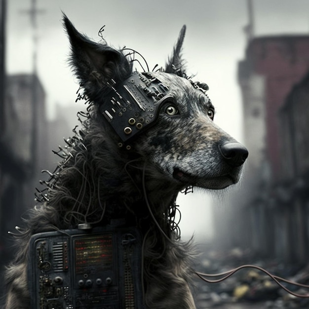 A dog with a robot on his back is wearing a vest with wires and wires.