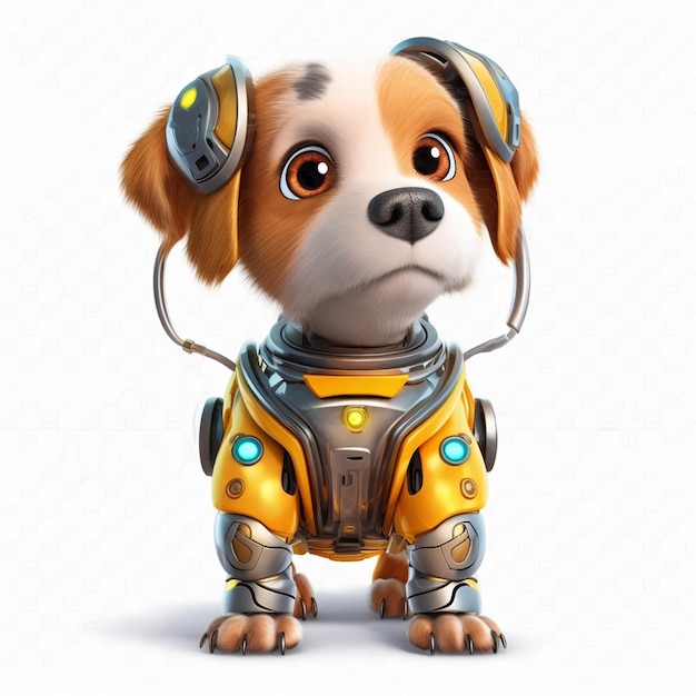 A dog with a robot suit that says'robot'on it