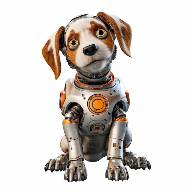 A dog with a robot suit that says'robot'on it