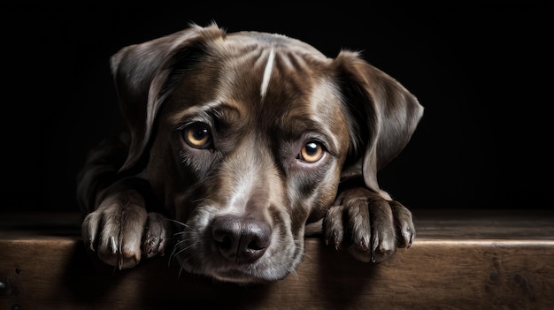 Собака с грустными глазами опирается на деревянную поверхность