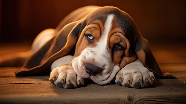 a dog with a sad face is lying on a wooden floor.