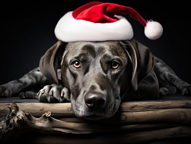 Собака с шляпой Санта на заднем фоне