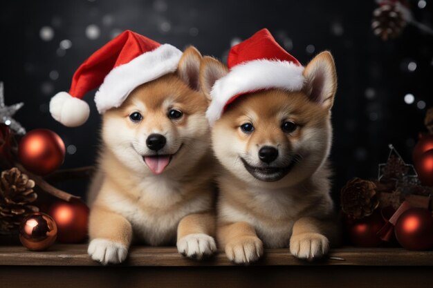 Собака с шапкой Санта в рождественских украшениях Счастливого Рождества и С Новым годом генеративный ИИ