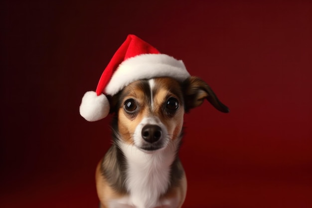 赤い背景にサンタ帽子をかぶった犬