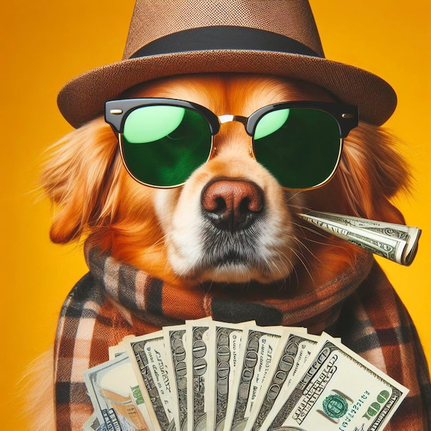 a dog with a scarf and sunglasses on with a dollar bill in his mouth