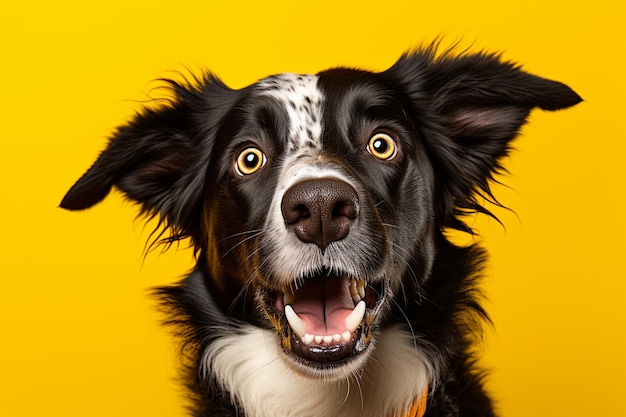 A dog with a shocking face in front of a yellow background a dog with its mouth open Generative AI