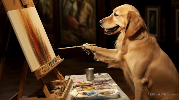 Photo a dog with small paintbrush as if painting wallpaper