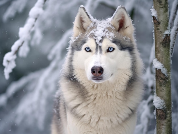 頭に雪が積もった犬