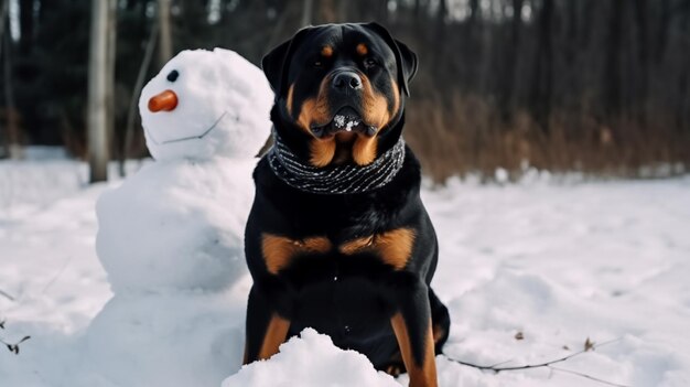 A dog with a snowman in the background