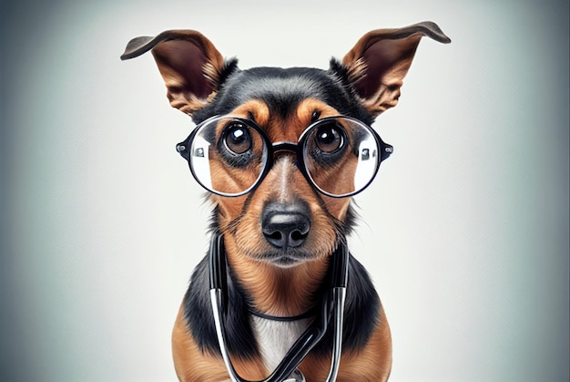 A dog with a stethoscope in his mouth.