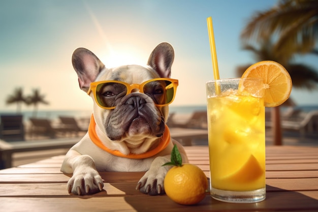 Dog with sunglasses on the beach