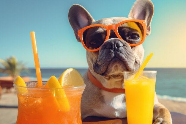 Dog with sunglasses on the beach