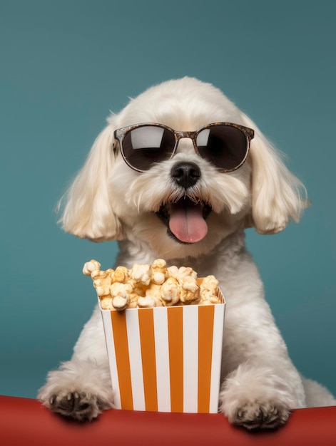 A dog with sunglasses and a box of popcorn