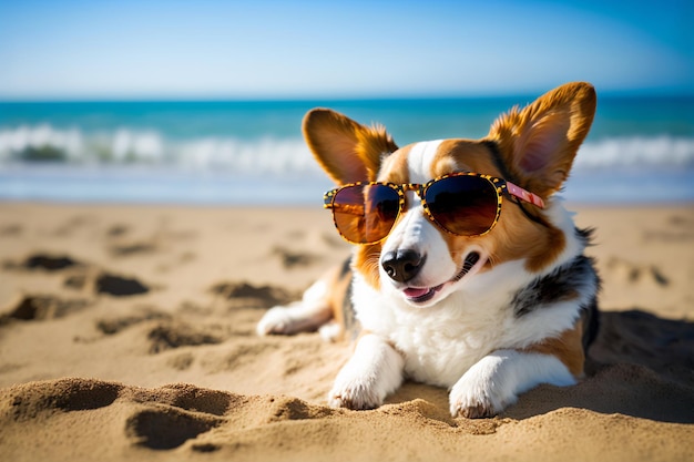 Dog with sunglasses chilling on the beach Vacation holiday mood relax Sand and sea blue sky Travel Generative AI