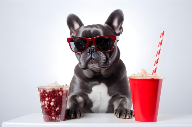 A dog with sunglasses and a drink on a table