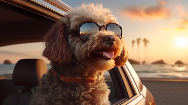 A dog with sunglasses and a hat is looking out of a car window.