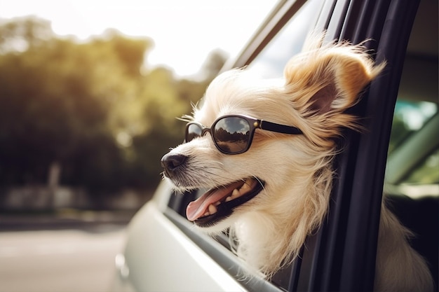 A dog with sunglasses and a hat is looking out a car window.