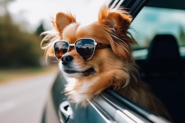 A dog with sunglasses and a hat is looking out of a car window.