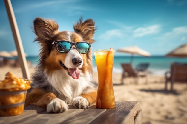 A dog with sunglasses is enjoying the beach Ai generated illustration