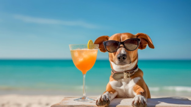 サングラスをかけた犬がビーチを楽しんでいる Ai が生成したイラスト