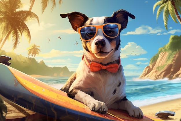写真 パラダイスビーチのサーフボードの上で休暇を過ごしているサングラスを着た犬