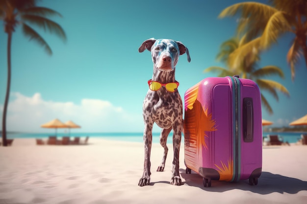 A dog with sunglasses and a suitcase on a beach on holiday vocation