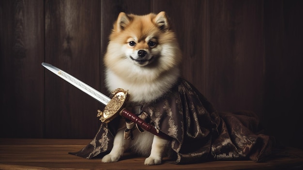 A dog with a sword in his hand