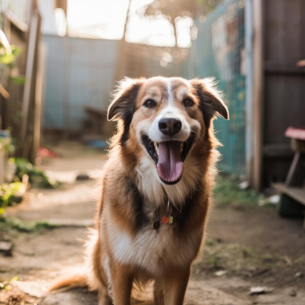 タグをつけた犬が庭に立っています。