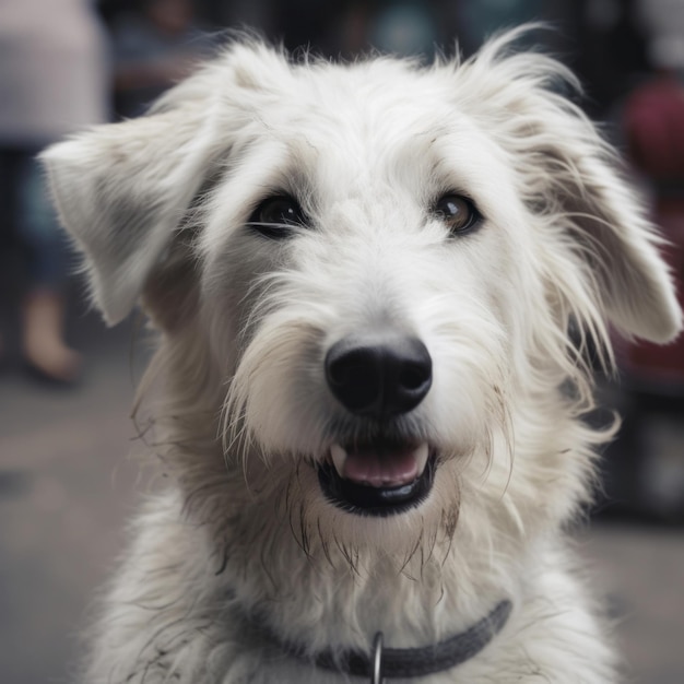 首輪にタグを付けた犬がカメラを見ています。