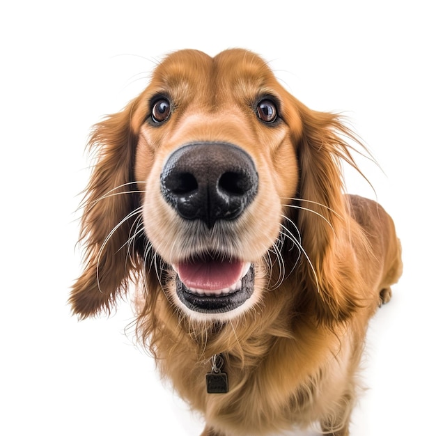 A dog with a tag on it's collar is looking up.