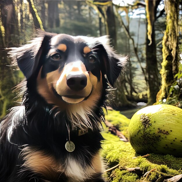 a dog with a tag on its collar is sitting in the woods